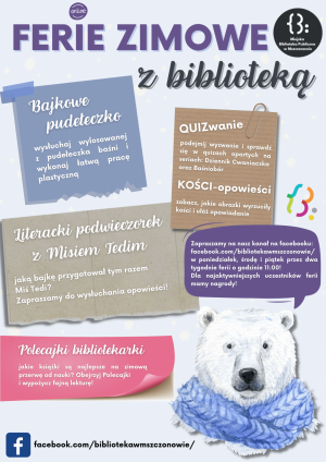 Grafika promująca ferie z biblioteką