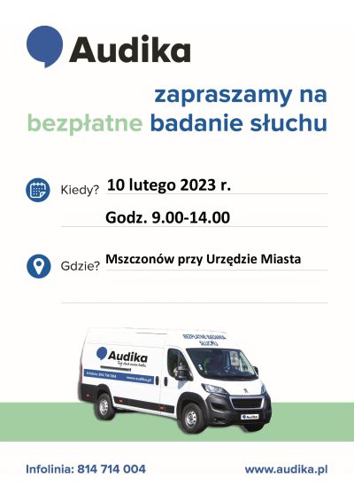 Plakat informujący o bezpłatnym badaniu słuchu