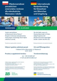 Plakat informujący o Polsko- Niemieckich Dniach Poradnictwa Emerytalno- Rentowego