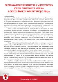 Przemówienie Burmistrza Mszczonowa Józefa Grzegorza Kurka  z okazji Święta Narodowego Trzeciego Maja