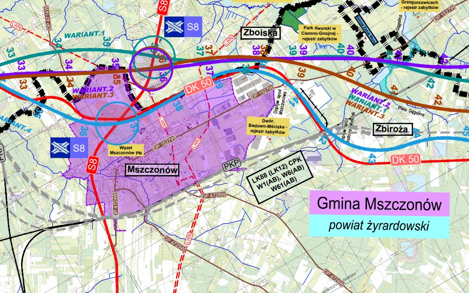 Grafika, przedstawiająca przebieg wariantów OAW